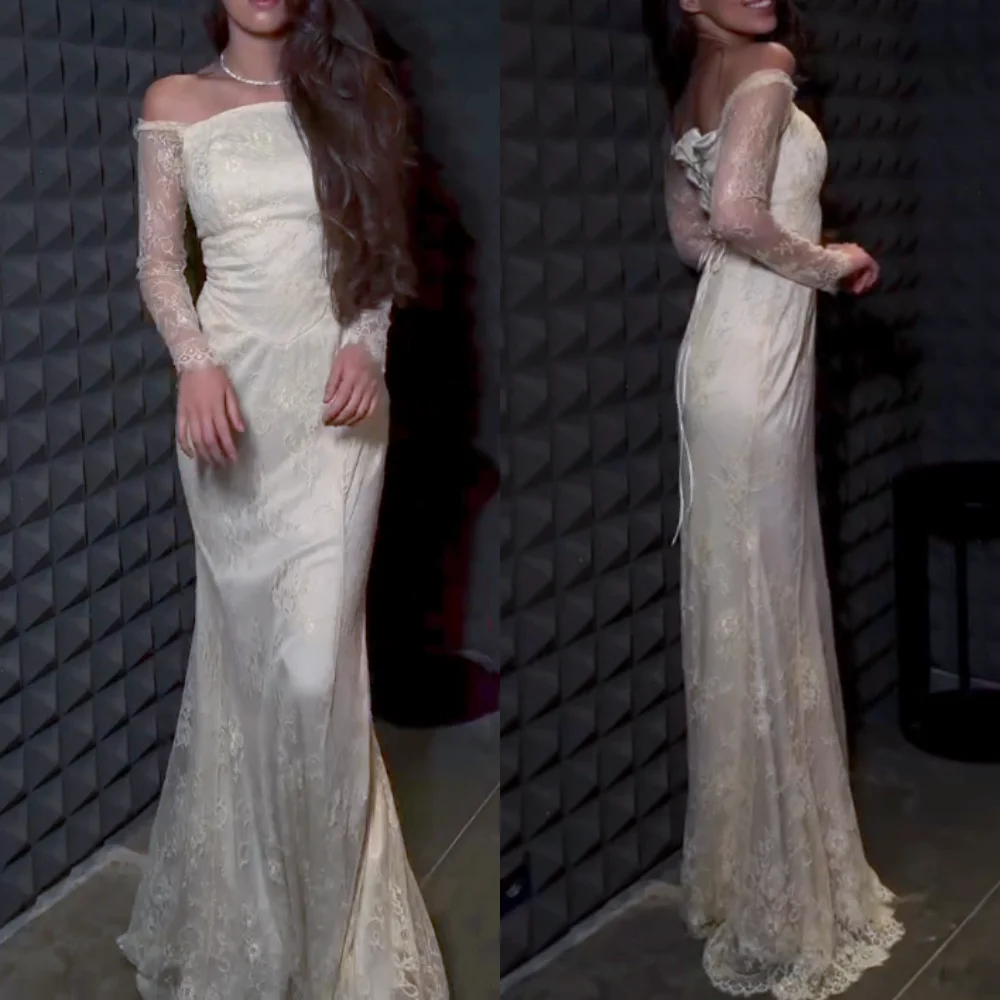 

Customized Charmeuse Lace-up Temperament Mermaid Off the Shoulder Floor-length Bespoke Occasion Modest Wedding Dress Party