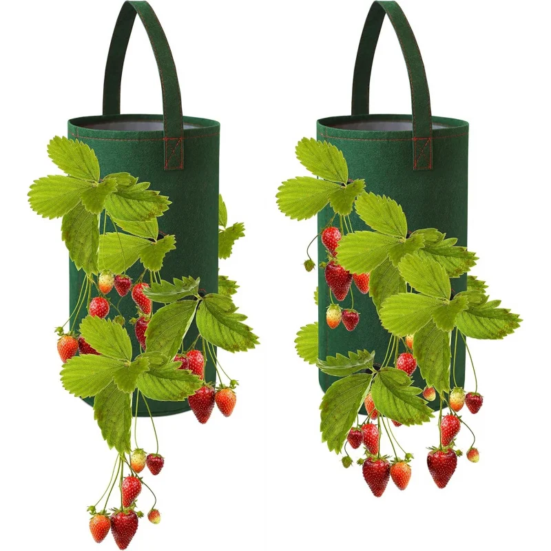 2Pcs Felt Hanging Strawberry Planter Bags, Vertical Wall Mount Planting Grow Bags for Strawberries Tomatoes Vegetables Fruits Ga