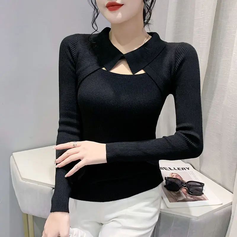 Korean Chic Autumn/Winter Sweaters Pullovers Women\'s Lapel Solid HollowTemperament Slim Long Sleeve Bottoming Shirt Knitted Tops