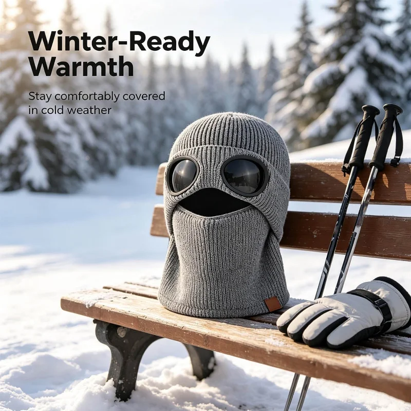 Ribbed Seamless Winter Flat Cap Integrated Goggles Sunshade One Size Windproof Hat For Cold Weather Skiing Outdoor Activities