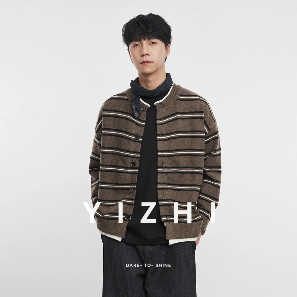 

Fashion Men's Casual Button Front Cardigan 2025 Winter New Striped Pattern Knitted Jacket Soft Long Sleeve Outerwear Top