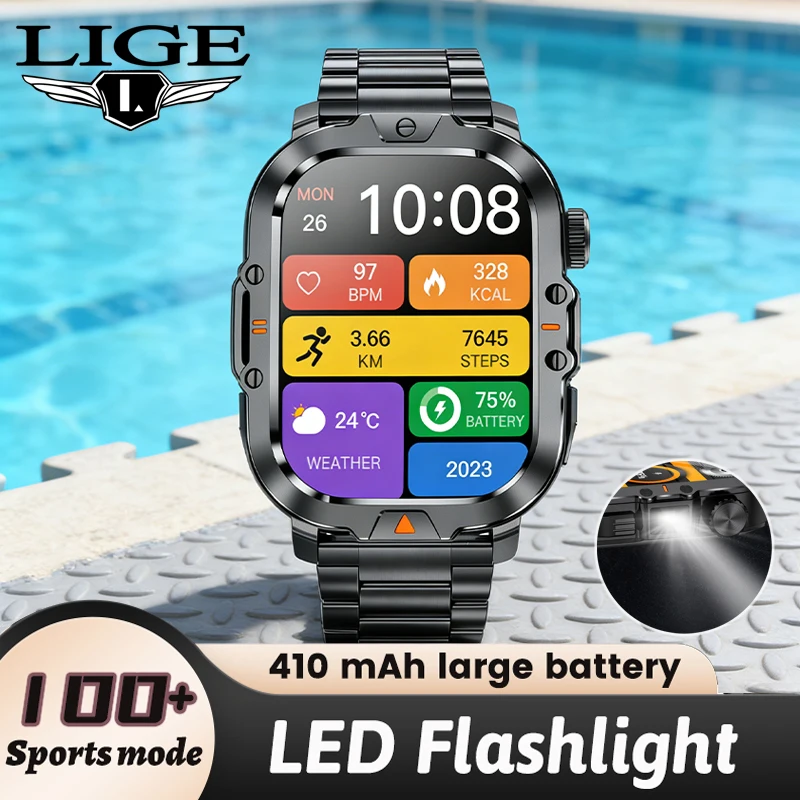 LIGE Full Touch Screen 410mAh Battery Smart Watch Men LED Light Sports Fitness Bluetooth Call lP68 Waterproof Men Smart Bracelet