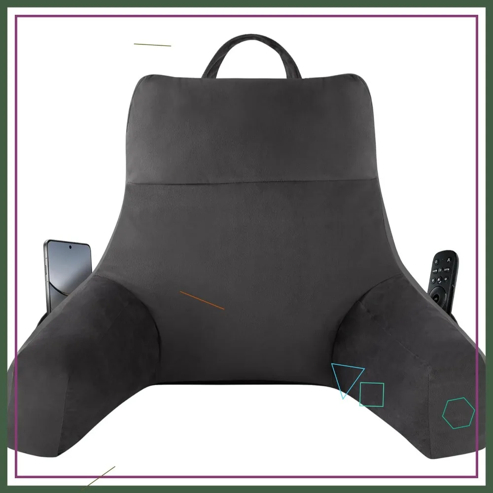 Memory Foam Back Pillow for Bed Sitting, Reading Support with Arms, 18 Inch Grey