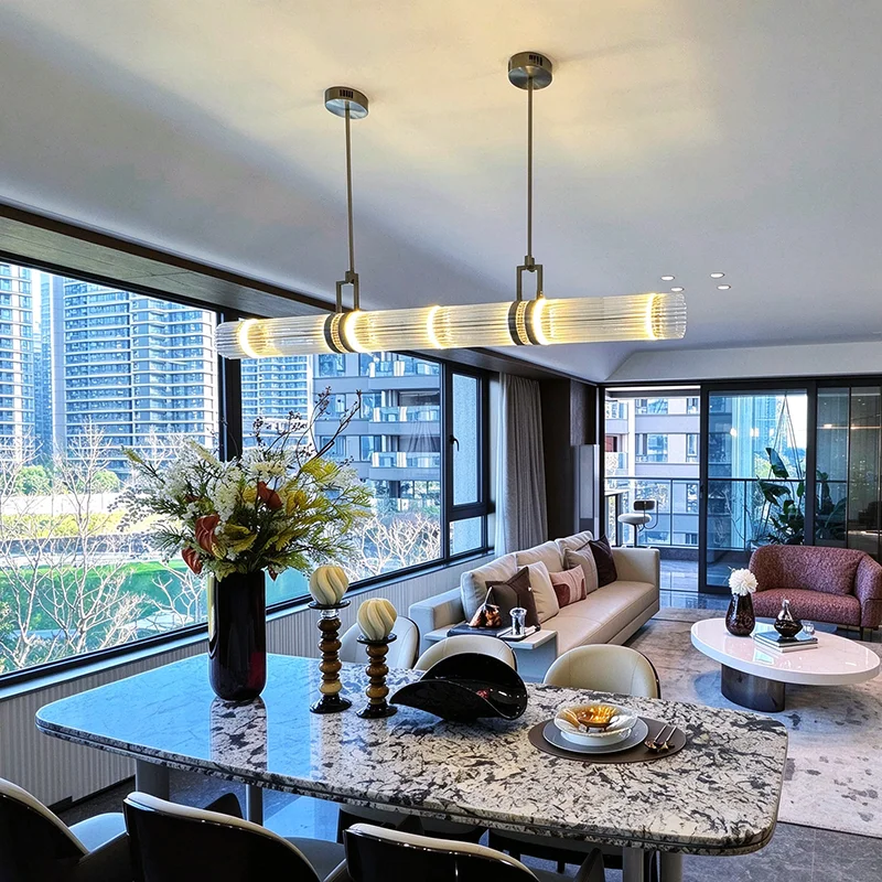 Modern Long Glass Chandelier for Dining Room Kitchen Island Linear Minimalist Pendant Light Designer LED Lighting Fixtures