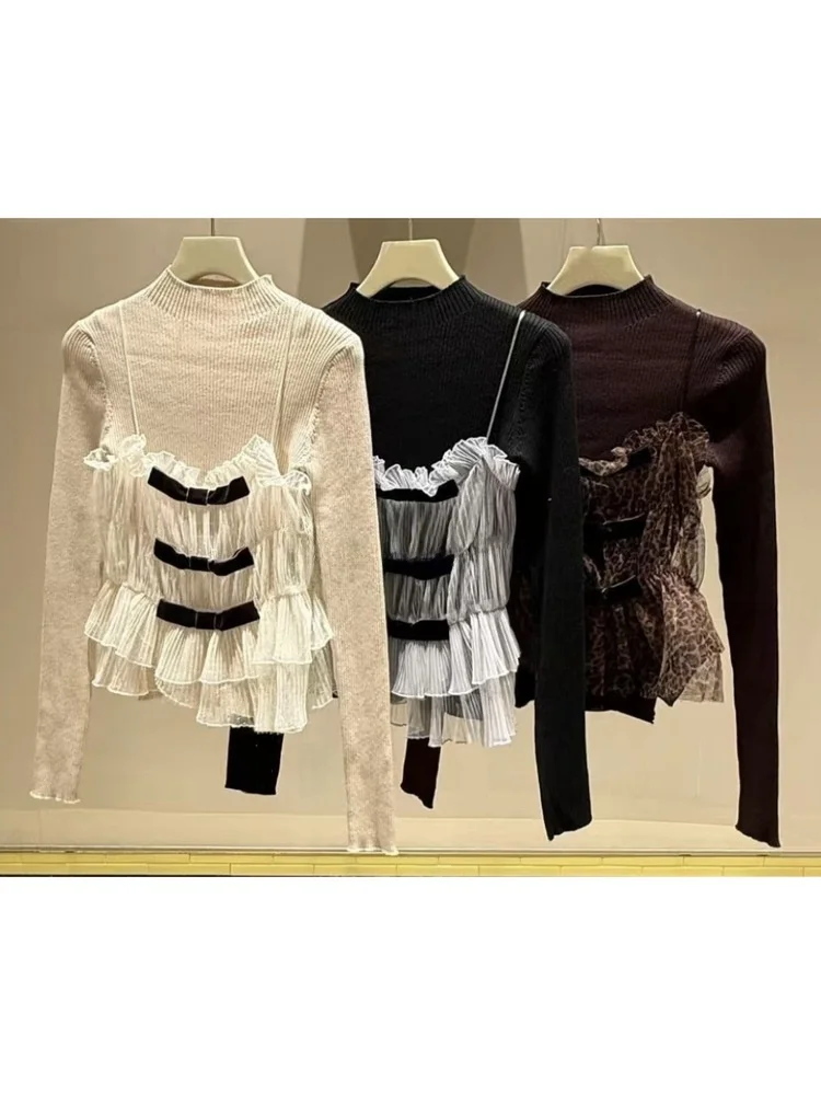 

Sweet Folded Strap Vest Slim Knitted Two-Piece Set Pure LB Home Gentle Feel Knot Netting Detail Long Sleeve round Neck