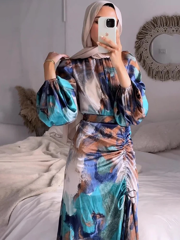 Tie Dye Dress Women Autumn Long Sleeve Colorful Printed Long Dresses Female Elegant Abaya Dubai Turkey Muslim Slim Robe Vestidos