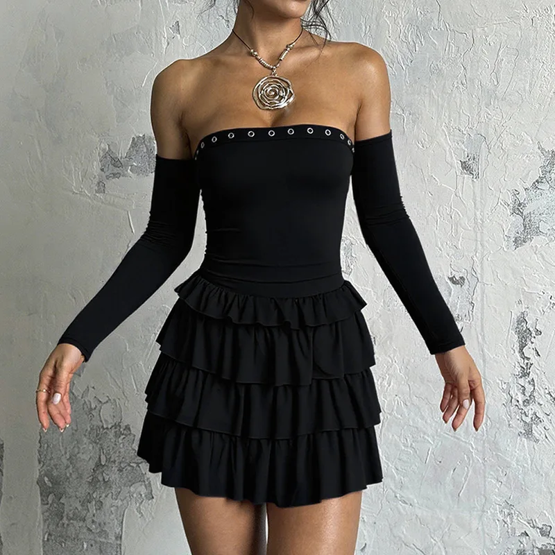 LUCYSHIHATTU Women's Sexy Strapless Y2K Club Party Dress Lovely Ruffles Tiered Bodycon Mini Dresses with Sleeves