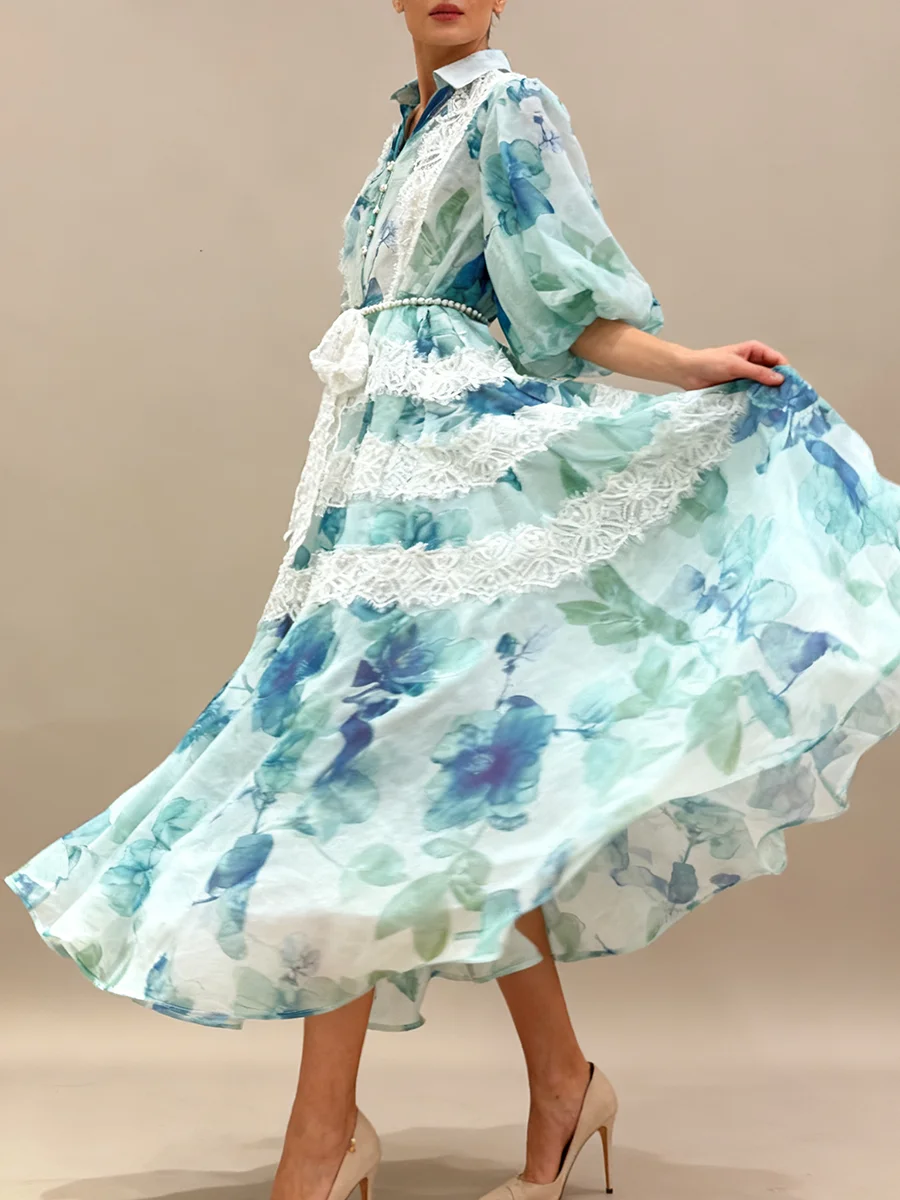 VGH Abito casual con stampa a catena di perle impiombate per donna Risvolto Manica lunga Manica a sbuffo Vita alta Abiti in maglia trasparente di pizzo Donna Nuovo