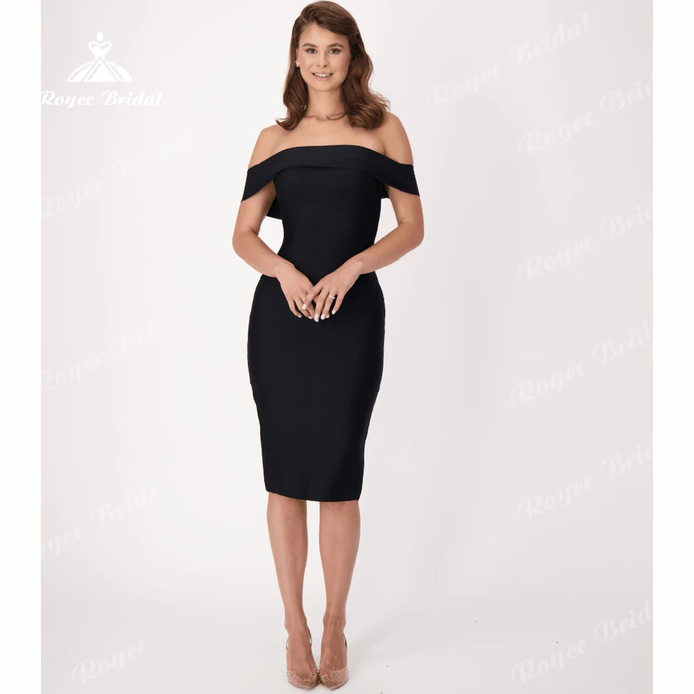 

Roycebridal Little Black Dress Knee-Length Prom Dress Off the shoulder Cocktail Dress Sheath Black Satin Dress Customized