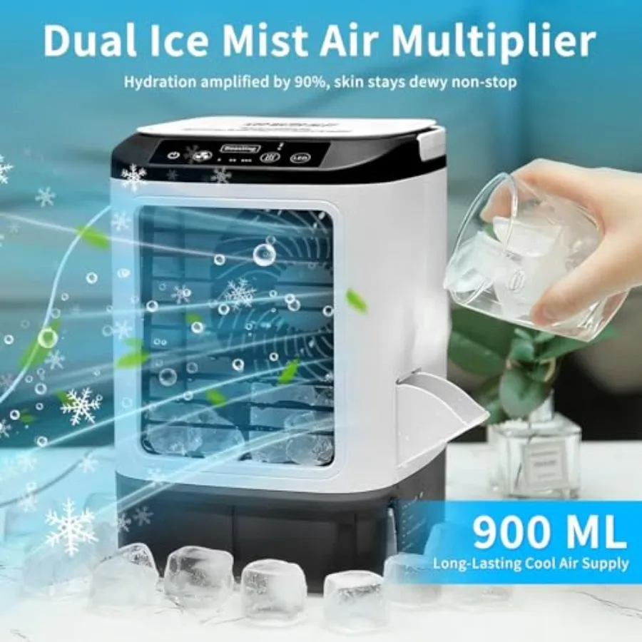 4-in-1 Mini Air Conditioner for bedroom office room car, evaporative cooler with 900ML tank ice cube mold, white plastic, ultra view 4