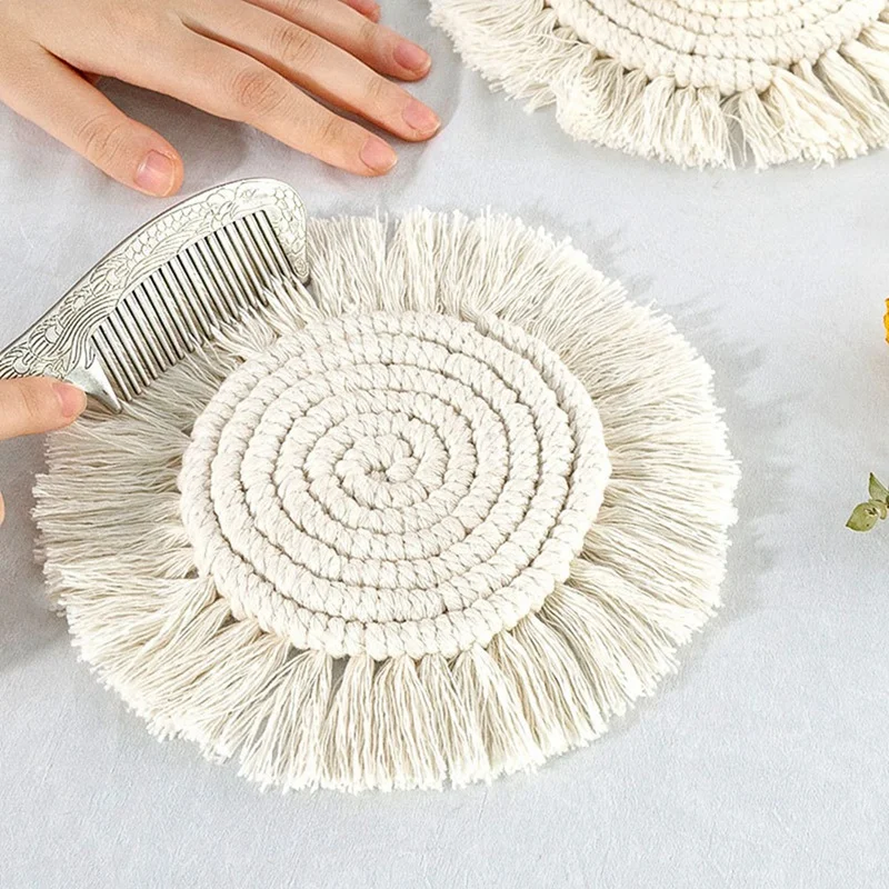 5PCS Coasters For Drinks Absorbent Macrame Handmade Cotton Coasters For Coffee Table, Boho Coaster Set With Tassels Heat
