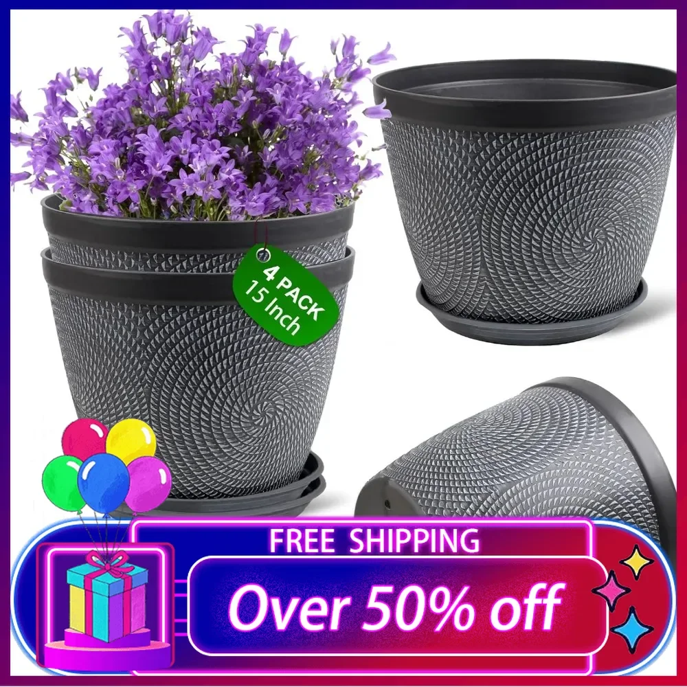 

4 Pack 15 Inch Large Planter Pot for Plants Outdoor Indoor, Plastic Flower Pots with Drainage Hole & Saucer, Modern Decorative