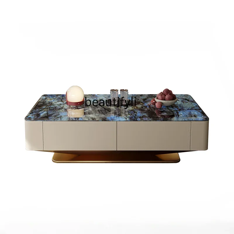 

Natural Marble Coffee Table Stone Living Room Microlite Luxury Stone Light Luxury Stainless Steel Square Coffee Table