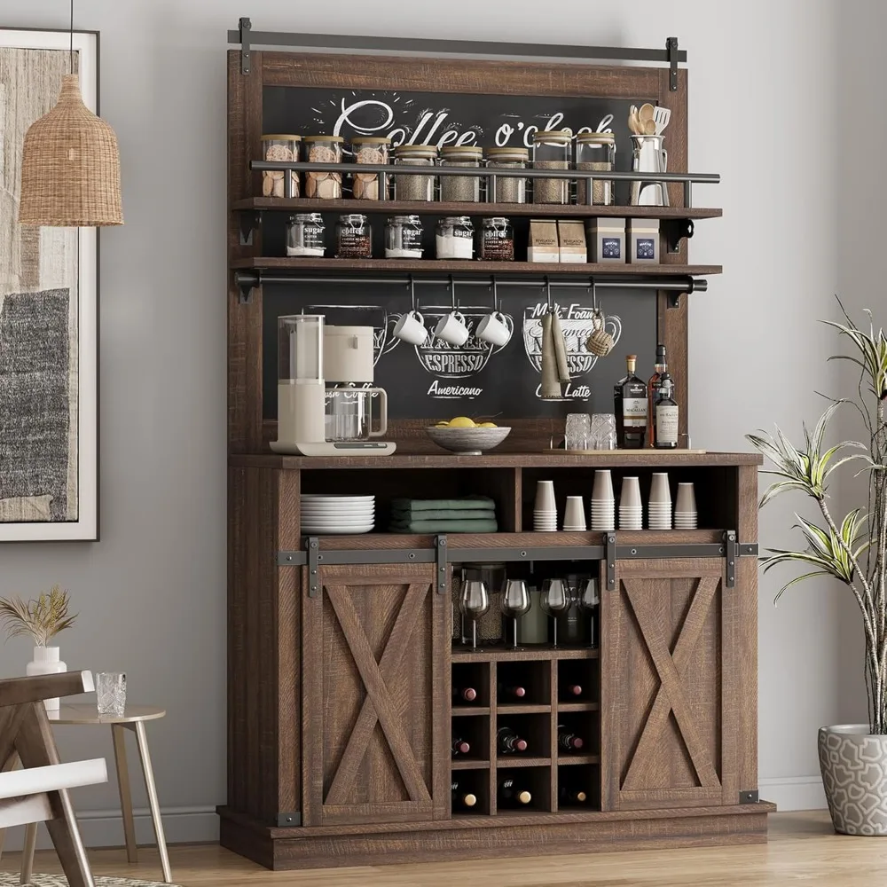 

Coffee Bar Cabinet, Farmhouse Buffet Cabinet with Storage, 75 Tall Bar Cabinet Kitchen Buffet Sideboard with Sliding