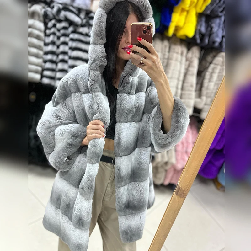 Contrast Color Hooded Genuine Rex Rabbit Fur Jacket Women Winter Warm Casaul Luxury Thicken Loose Natural Real Fur Coats Female