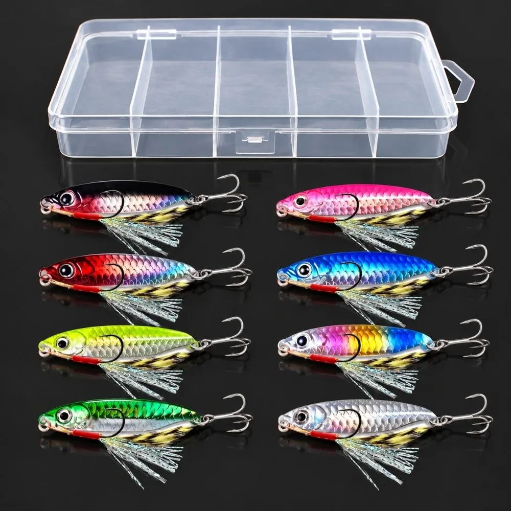 8Pcs Set 7g/10g/15g/20g/25g/30g Metal Fishing Lure Sharp Hooks 3D Eyes Design Fishing Bait Lure Slow Sinking with Storage Box