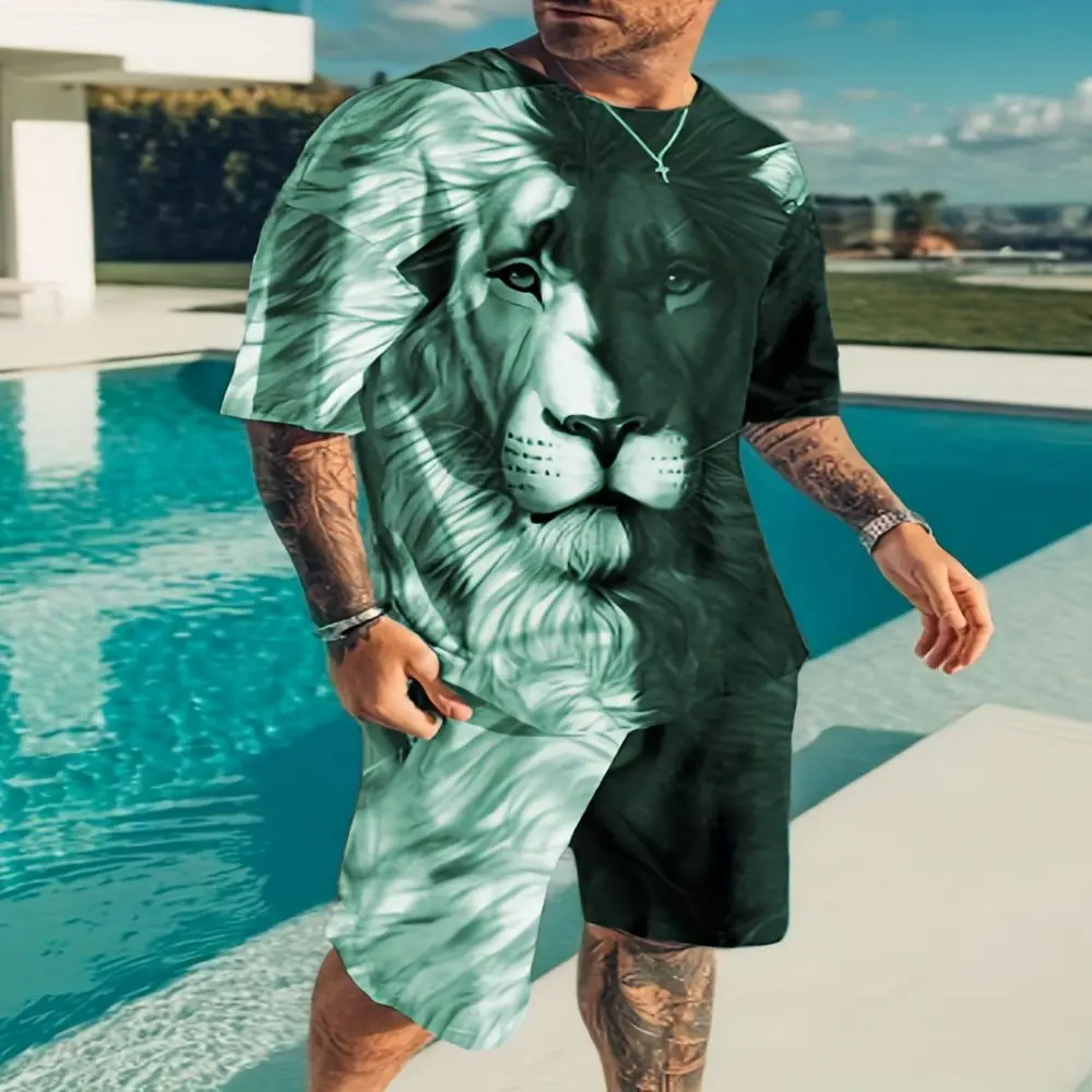 Summer new 3D lion print men\'s round neck short-sleeved T-shirt shorts suit 2-piece high-quality casual street cool sports suit