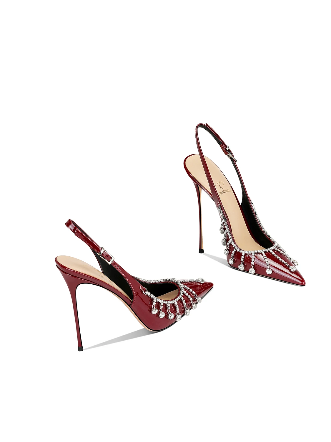 

2025 Spring New Pointed Stiletto High Heels Women's Burgundy Patent Leather Rhinestones