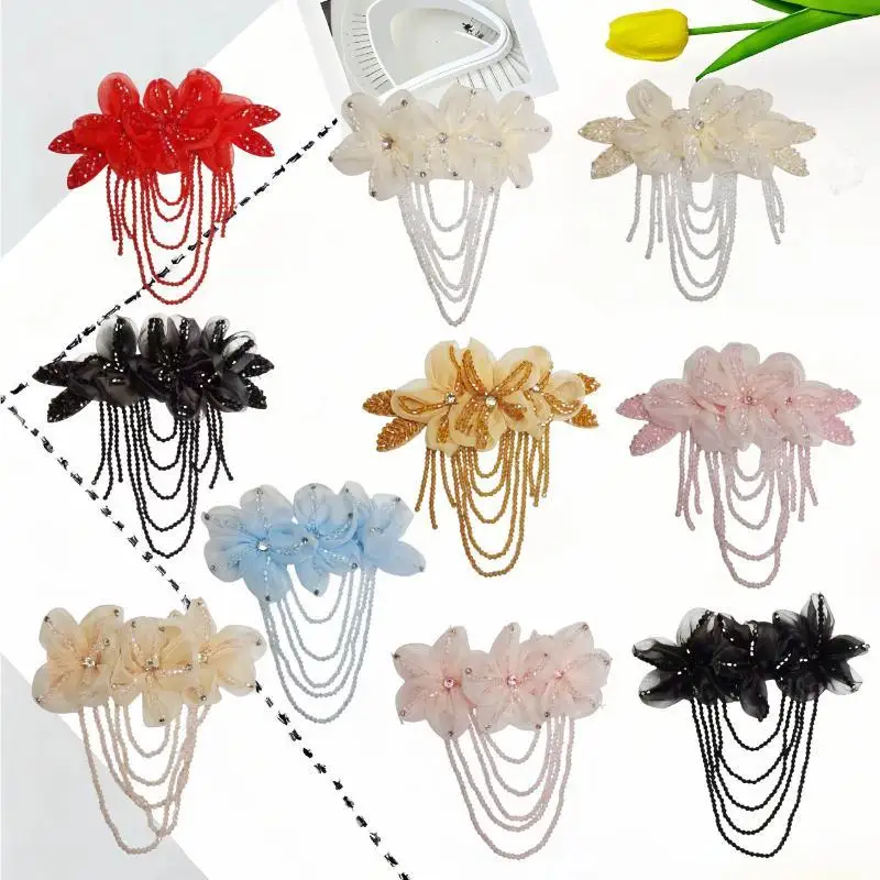 1 Stück Modische Perlenverzierung Blumen-Applikation Abnehmbare Quaste DIY Näh-Aufkleber Kristall-Chiffon Bühnenkleidung Schulterriemen – Detail 1