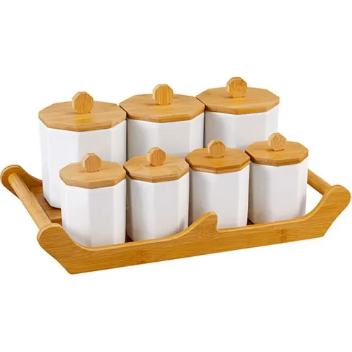 Acar La Pure 7li Bamboo Tray Porcelain Spice Set