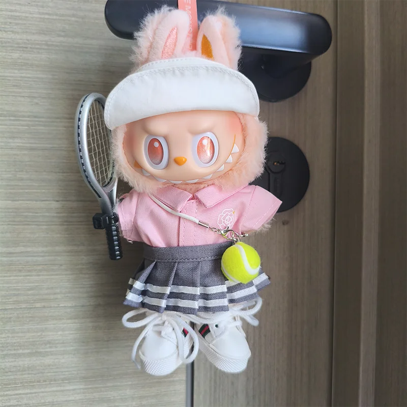 

Ткань 17 см Labubu, теннисный набор для отдыха, милый медведь, жемчужный рюкзак, сумка через плечо, ожерелье с планетой, изысканные аксессуары