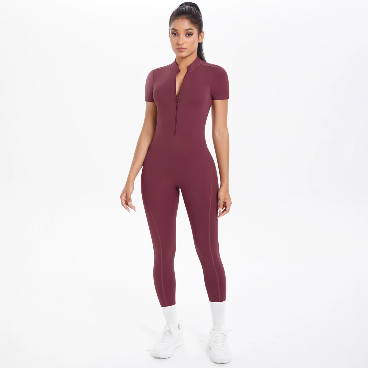 Short Sleeved Fitness Jumpsuit for Woman Bodysuits Backless Solid Color Scrunch One-Piece Suit Half Zipper Gym Yoga Sets Womens image 6