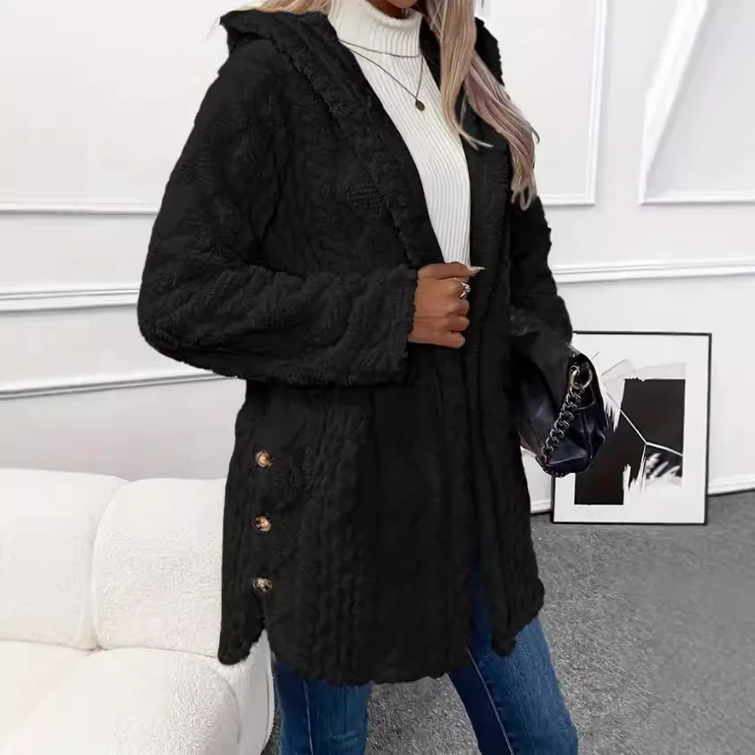 Cappotto casual a maniche lunghe con cappuccio in tinta unita stile britannico con bottoni per l'autunno e l'inverno, cardigan monopetto stile urbano