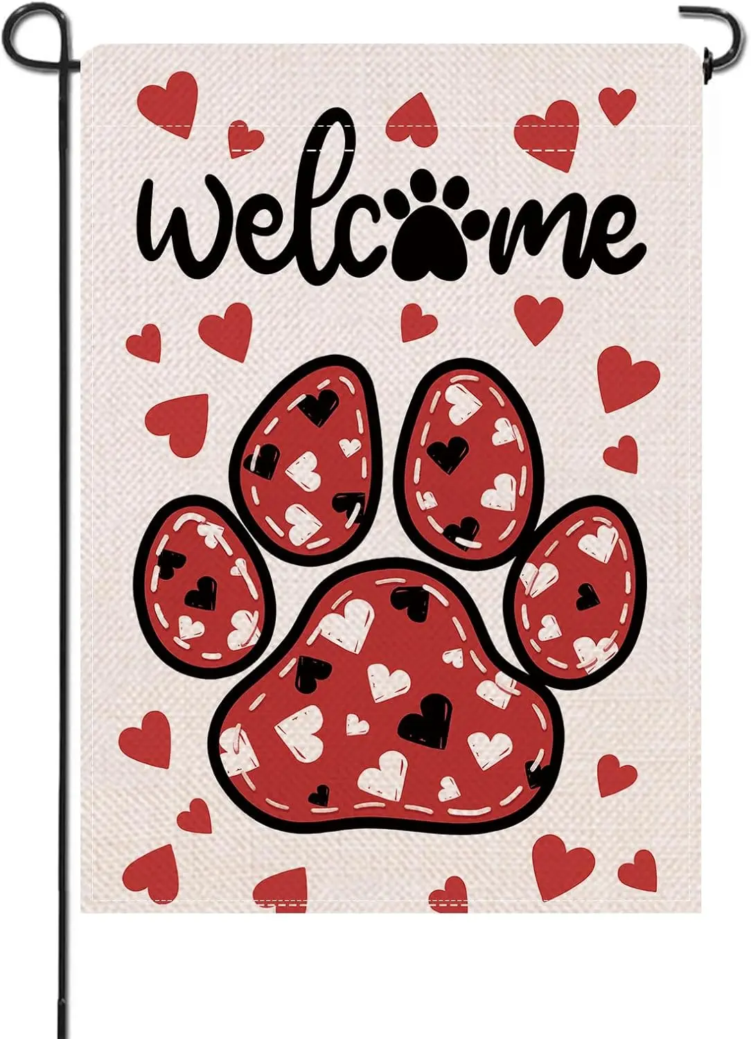 Artofy Welcome Valentines Day Small Decorative Garden Flag, Dog Cat Paw Print Red Black Love Heart Yard Lawn Outside Decor,  GGO
