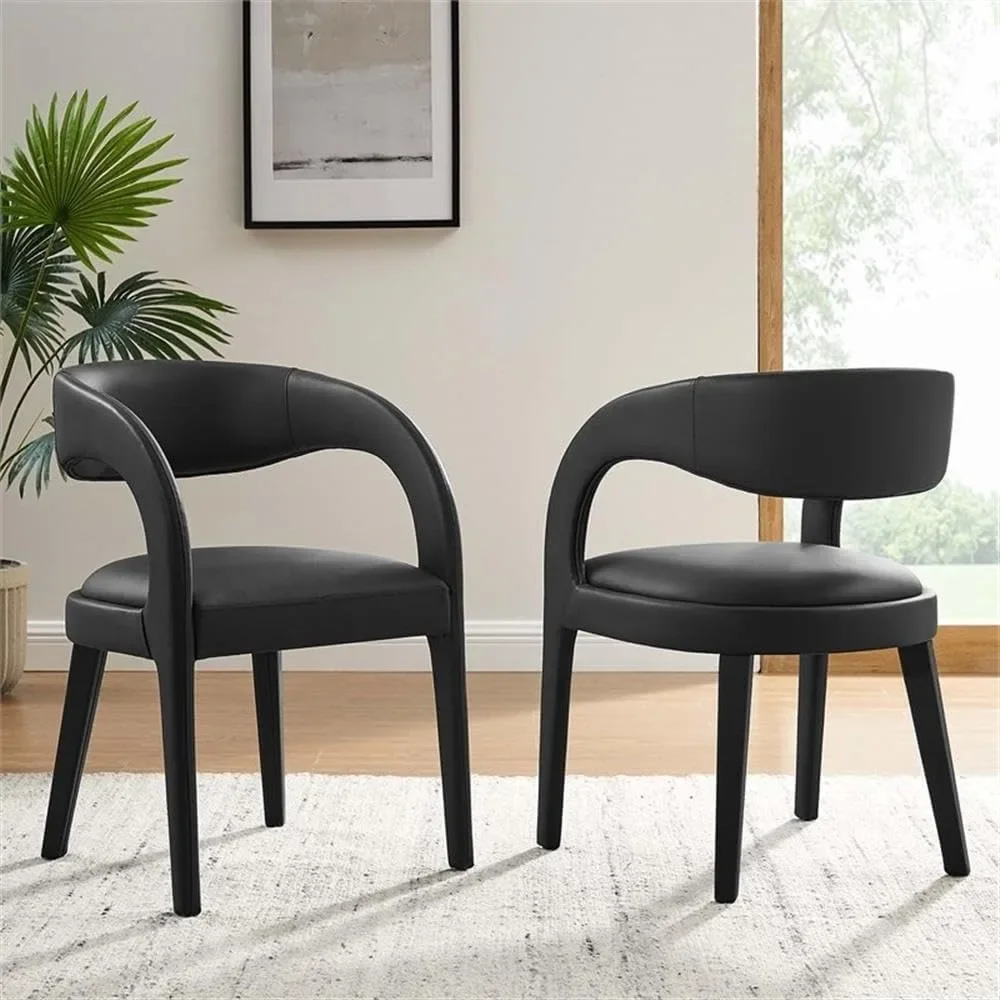 Dining Chair Set of 2 with curved backrest, leather upholstery, non-marking plastic foot pins, Vegan Leather Dining Chair