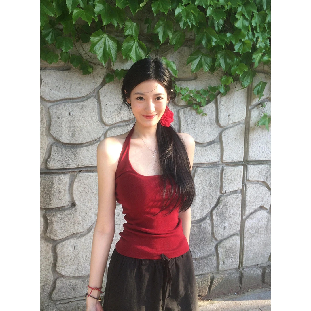 

Red Knitted Neline Vest Women's Summer Design Sensation Outerwear Pure Desire Hanging Ne Top High-End Feeling