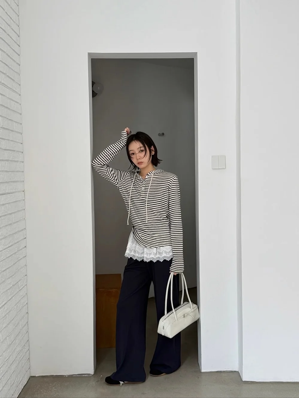 

Spring New Style Women's Casual Pants Hat Hooded Striped Top Curtain Set Korean Style Small Audience Casual Outfit