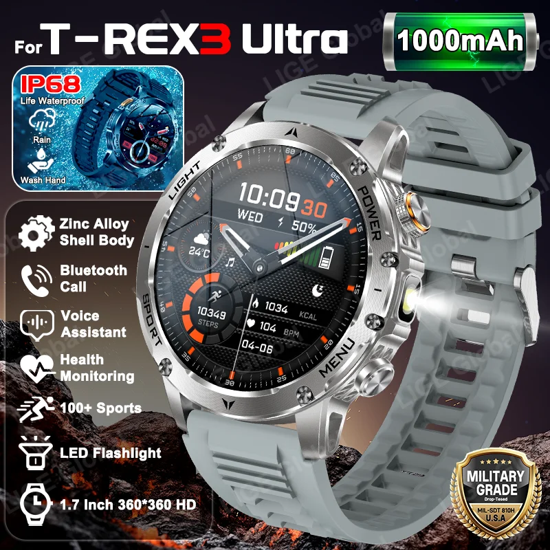 

LIGE For T-REX3 Ultra 1000mAh Battery Adult Smart Watch Men Flashlight IP68 Bluetooth Call Heart Rate Sports Fitness Smartwatch
