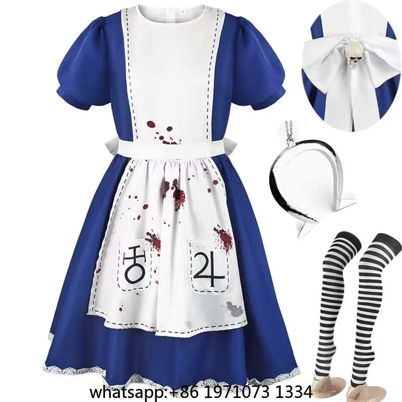 Bloody Alice Cosplay Costume Anime Alice Madness Returns Maid Outfit with Fancy Apron Necklace Halloween Fancy Dress for Women