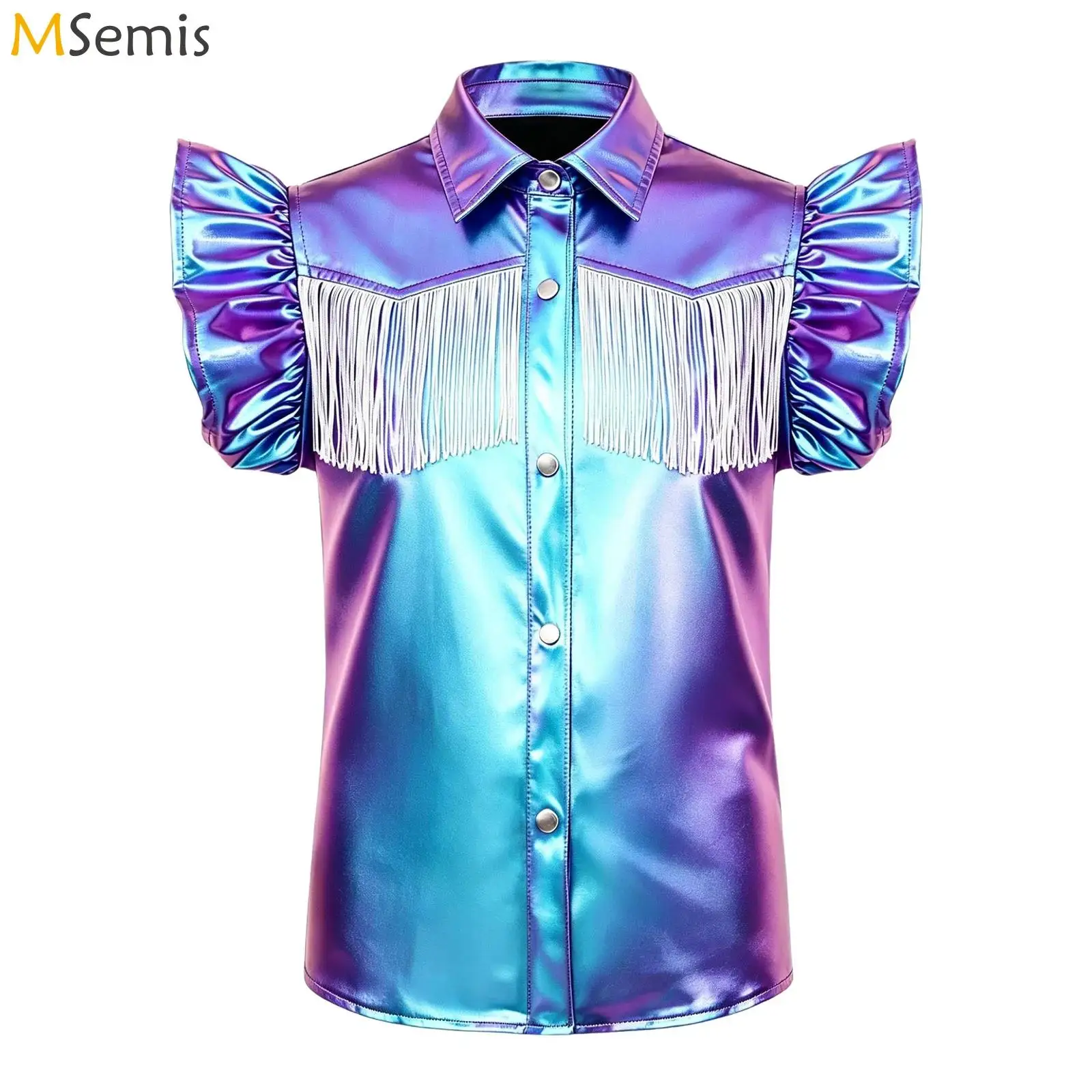 

Girls Western Cowgirl Theme Party Cosplay Costume Metallic Tassel Shirt Tops Turn-down Collar Ruffled Sleeves Buttons Shirt