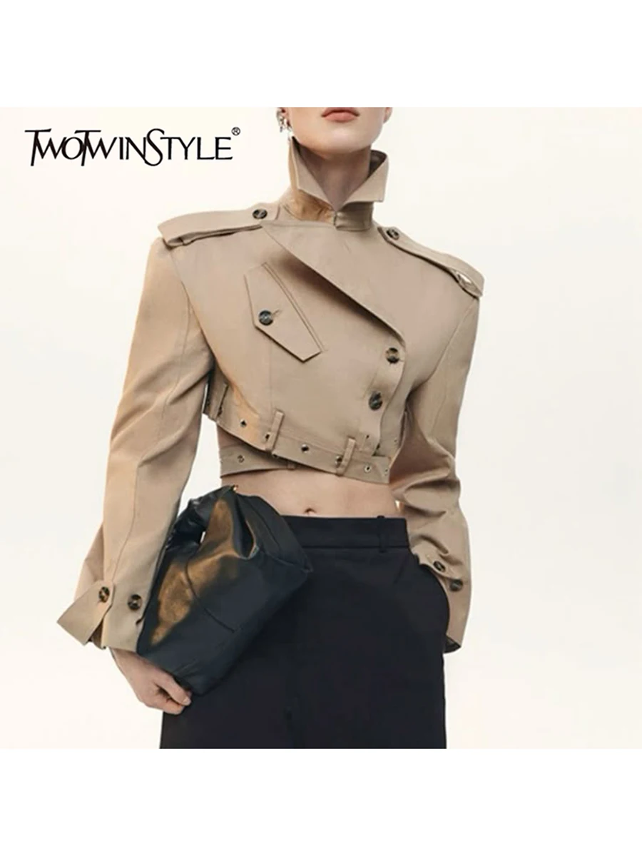 TWOTWINSTYLE Button Spliced Strap Slimming Solid Jacket for Women Lapel Collar Long Sleeve Patchwork Epaulet Jackets Female New