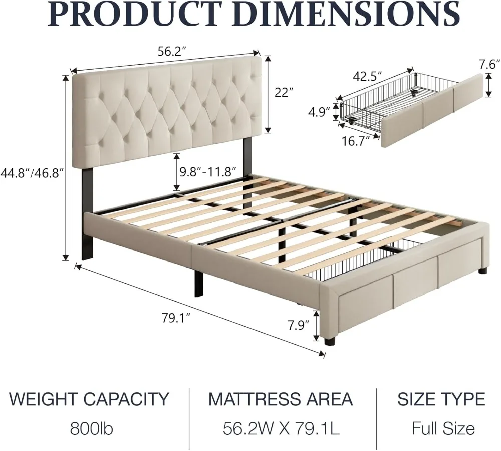 Full Size Bed Frame with Storage, Full Bed Frame with Headboard Adjustable, Upholstered Platform Bed Frame with Drawers, Mattres