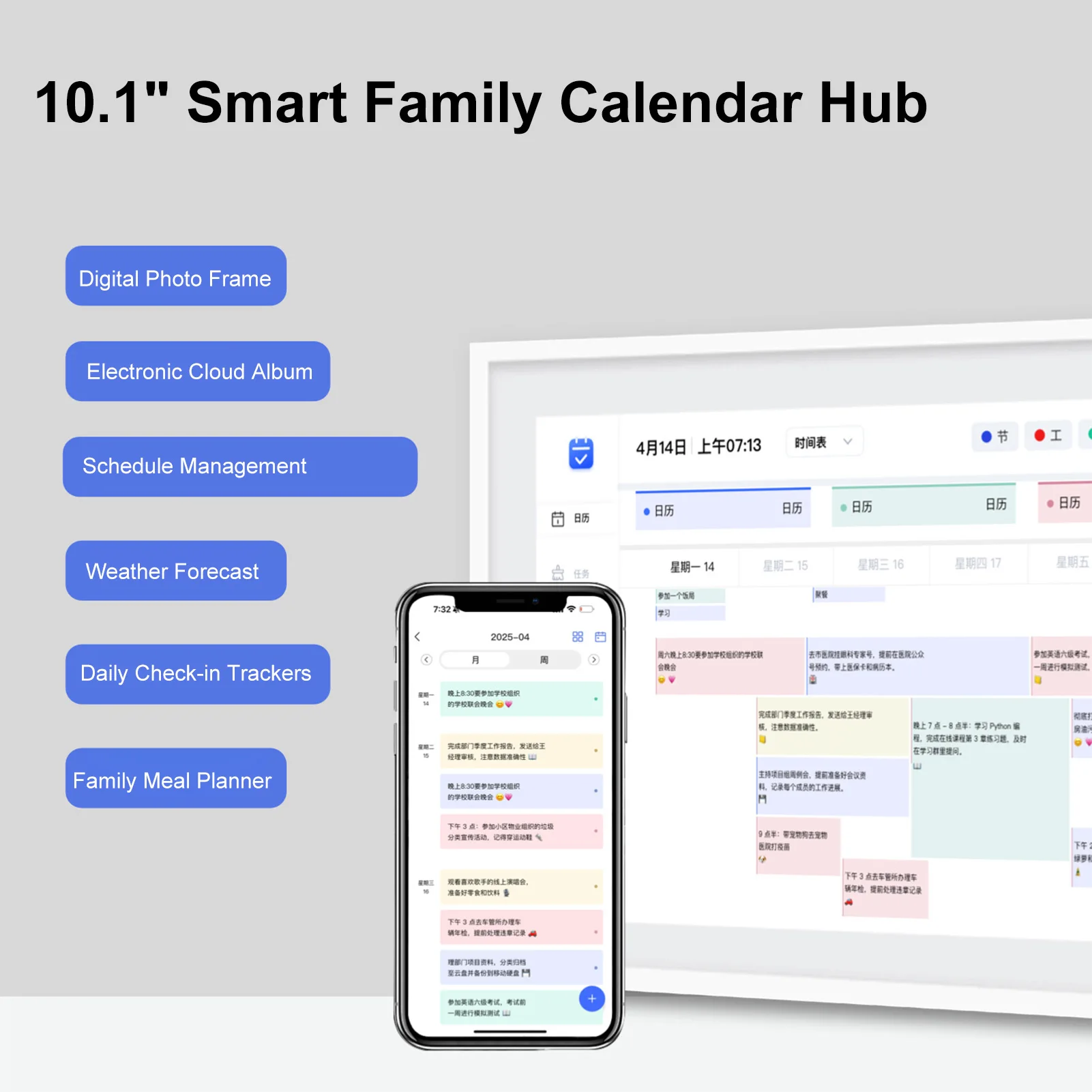 

10.1 Inch WiFi Photo Frame Smart Electronic Digital Calendar Family Organizer with Touchscreen Meal Planner Task Manager