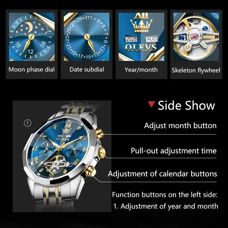 OLEVS 6620 นาฬิกาผู้ชายแบรนด์หรูนาฬิกากลไกอัตโนมัตินาฬิกากันน้ํา Moonphase นาฬิกา Flywheel นาฬิกาผู้ชาย Reloj Hombre