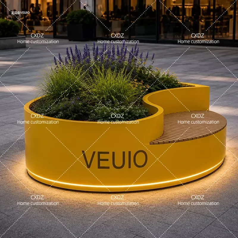 Modern Simple Curved Flower Box Bench Wood Grain Planter Seat Combination for Indoor Outdoor Garden Decoration Green Plant