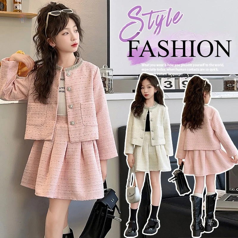 2026 Girls Outfits Set Chic Tweed Jacket Skirt Two Pieces Teen Children Costumes Stylish Spring Autumn Kids Clothes 10 12 Years
