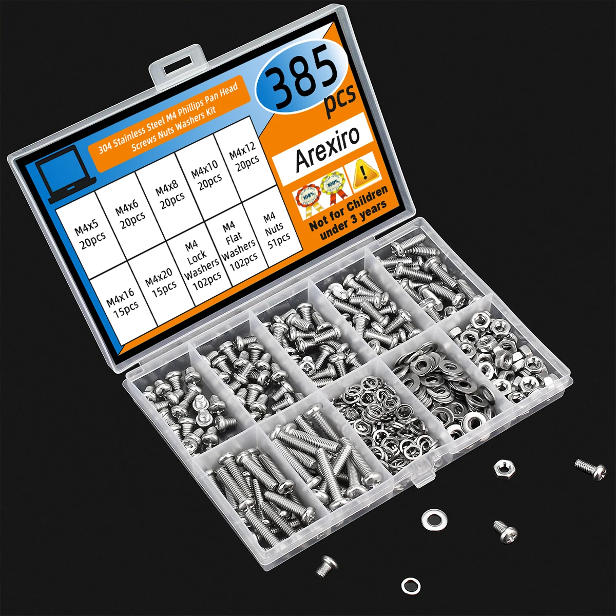 385 قطعة M4 x 5/6/8/10/12/16/20 مللي متر فيليبس شقة رئيس آلة المسمار الجوز غسالة كومبو عدة ، 304 الفولاذ المقاوم للصدأ ، موضوع كامل #6