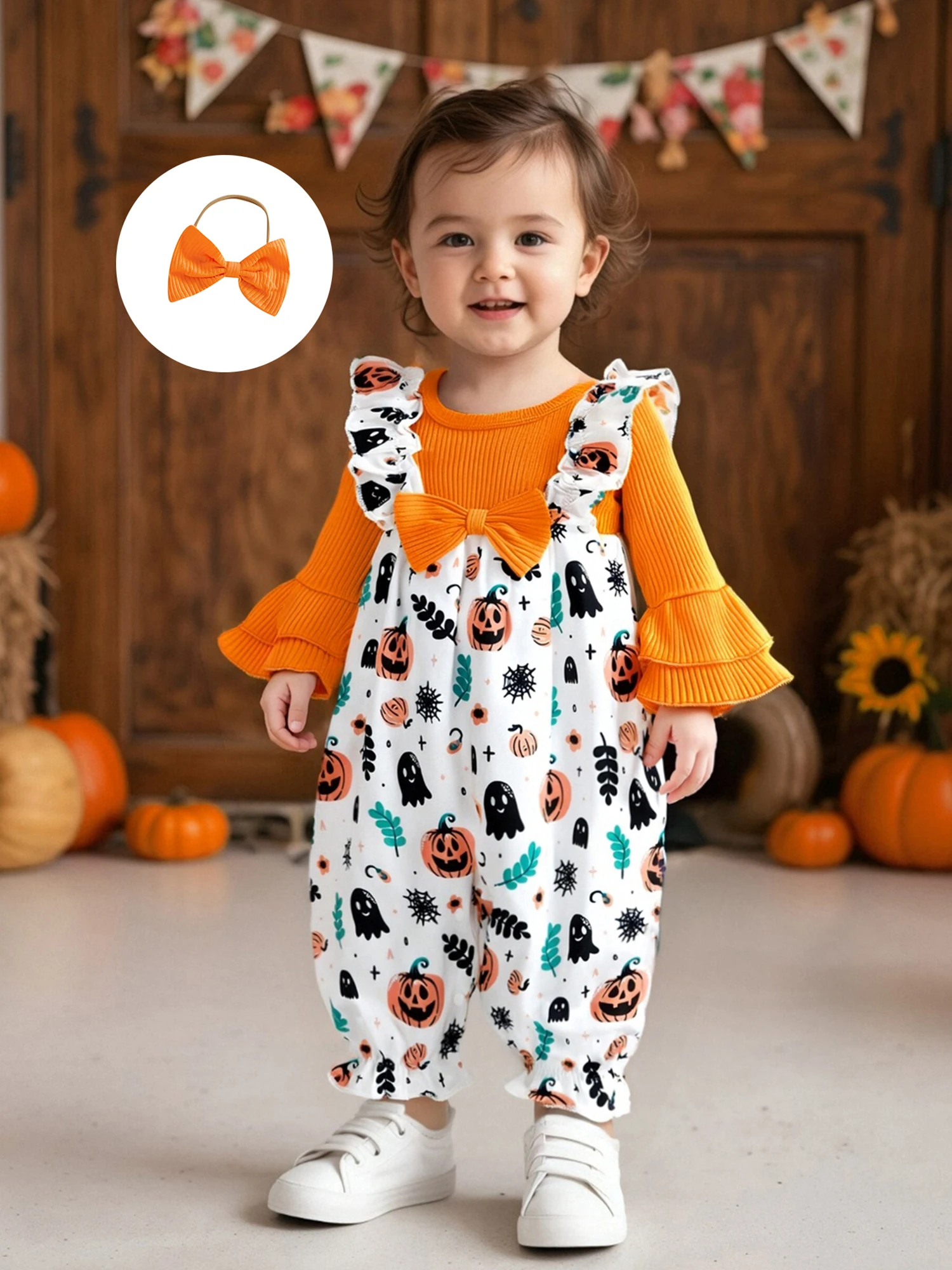 

Baby Girls Halloween Romper Pumpkin Ghost Print Flared Long Sleeves Jumpsuits and Cute Headband Set