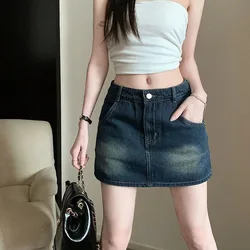 Korean Style High-Waisted Mini Skirts Women 2025 Spring Summer Vintage Blue Denim Skirt Woman New All-Match Slimming Jean Skirt