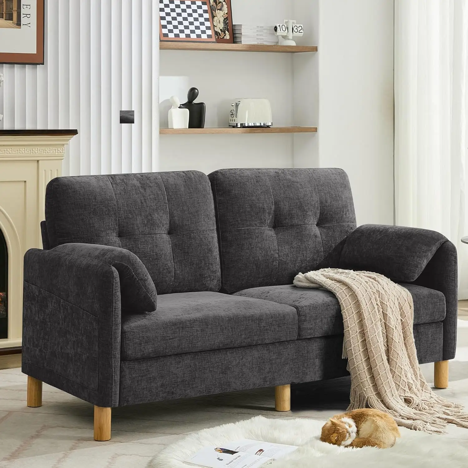 

65' Chenille Loveseat Sofa, Modern 2-Seater Love Seat Couch with Armrest Pillows, Storage Pockets