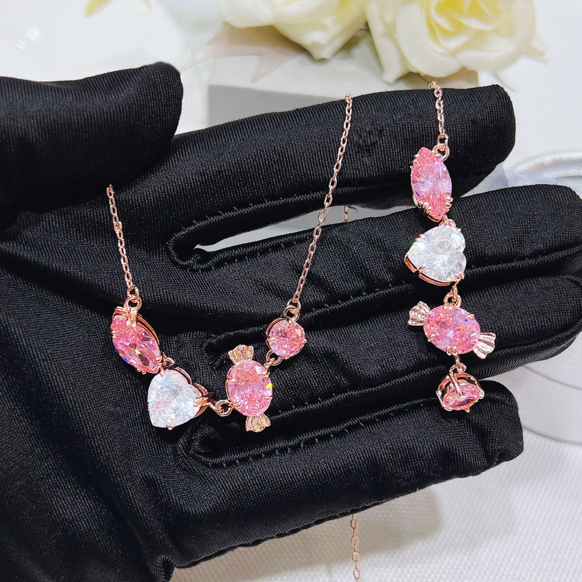 S925 Sterling Silver Bracelet Square Candy Stud Earrings Crystal Bracelet Light Luxury Design Female Collarbone Chain Pink Diamo