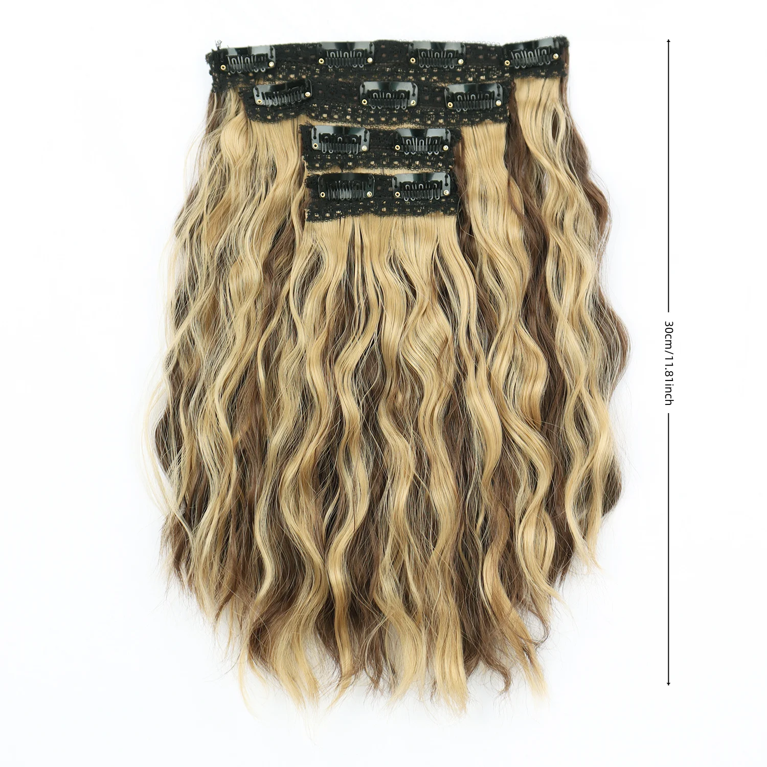 Synthetic 12-Inch/30.48Cm Water Wave Wig, Four-Piece Multi-Clip Attachment, Brown-Golden Large Wave Hair Extensions, Invisible Realistic Hair Volume-Enhancing Extensions, Women's Daily Wear, Party Styling Hair Extensions.