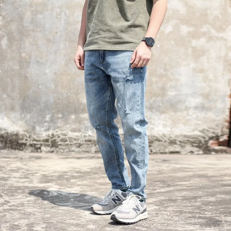 

Light Wa Men's Straight Leg Jeans Elastic Waist Cone ape Casual Spring Long Pants Breathable Cotton Stretch Denim