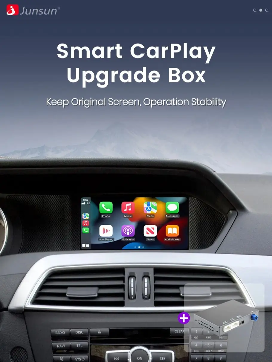 Junsun – bezprzewodowy dekoder CarPlay i Android Auto do samochodów Mercedes Benz klasy C (W204), roczniki 2009–2012, system NTG 4.0, Bluetooth, Airplay, Autolink, funkcja Mirror Link, zachowanie — 2