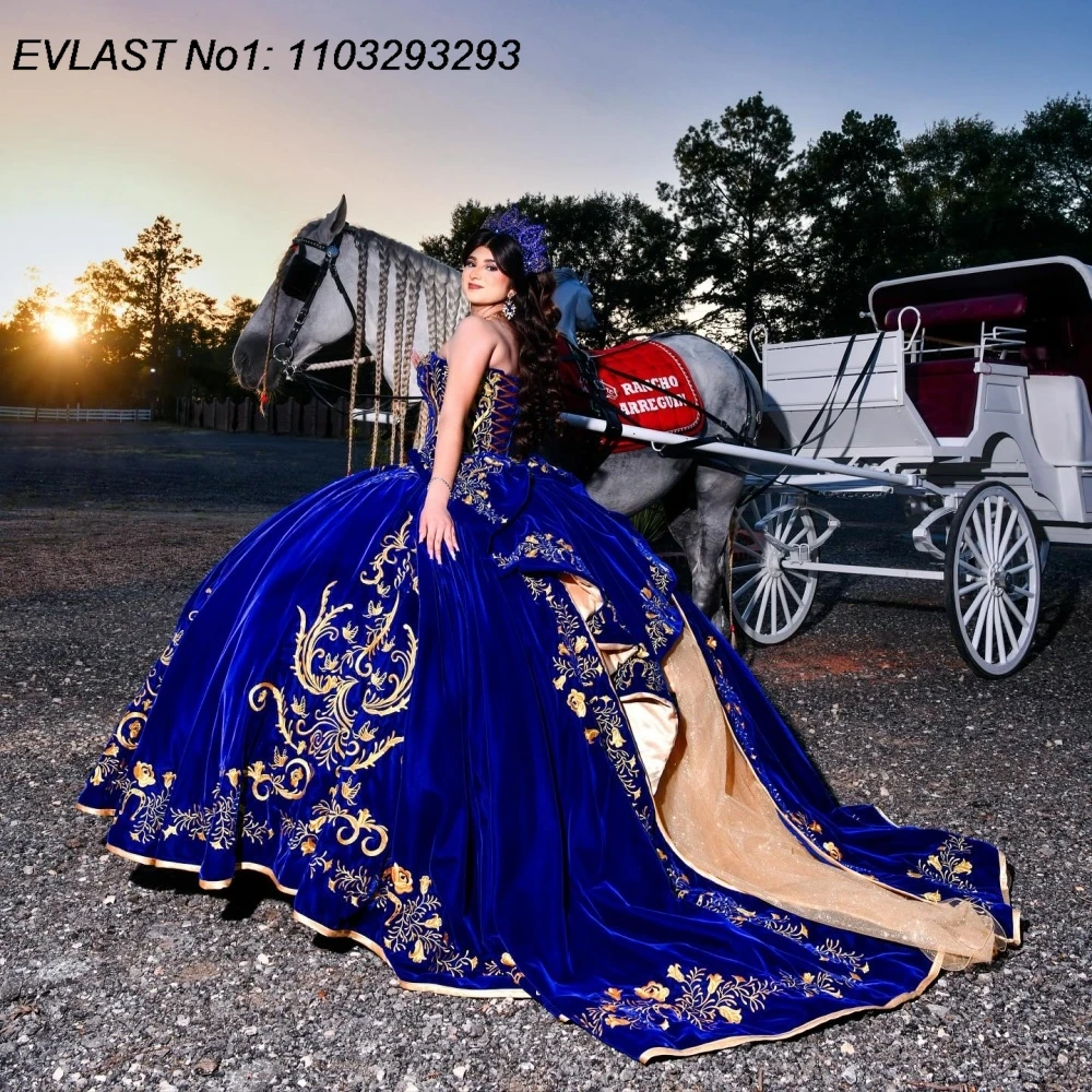 

EVLAST индивидуальное королевское синее платье Quinceanera, бальное платье с золотой вышивкой, аппликацией и бисером, Sweet 16, Vestidos De 15 Anos E1QN559