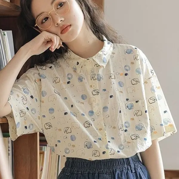 Japanese fresh and sweet floral short-sleeved shirt printing summer 2024 new loose shirt slimming top men clothing y2k tops